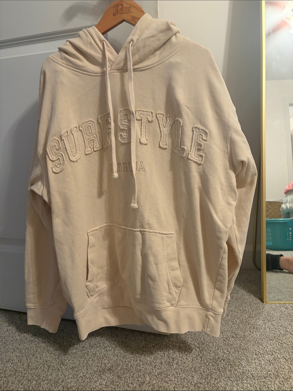surf style Cream Pullover Hoodie with Embroidered Logo